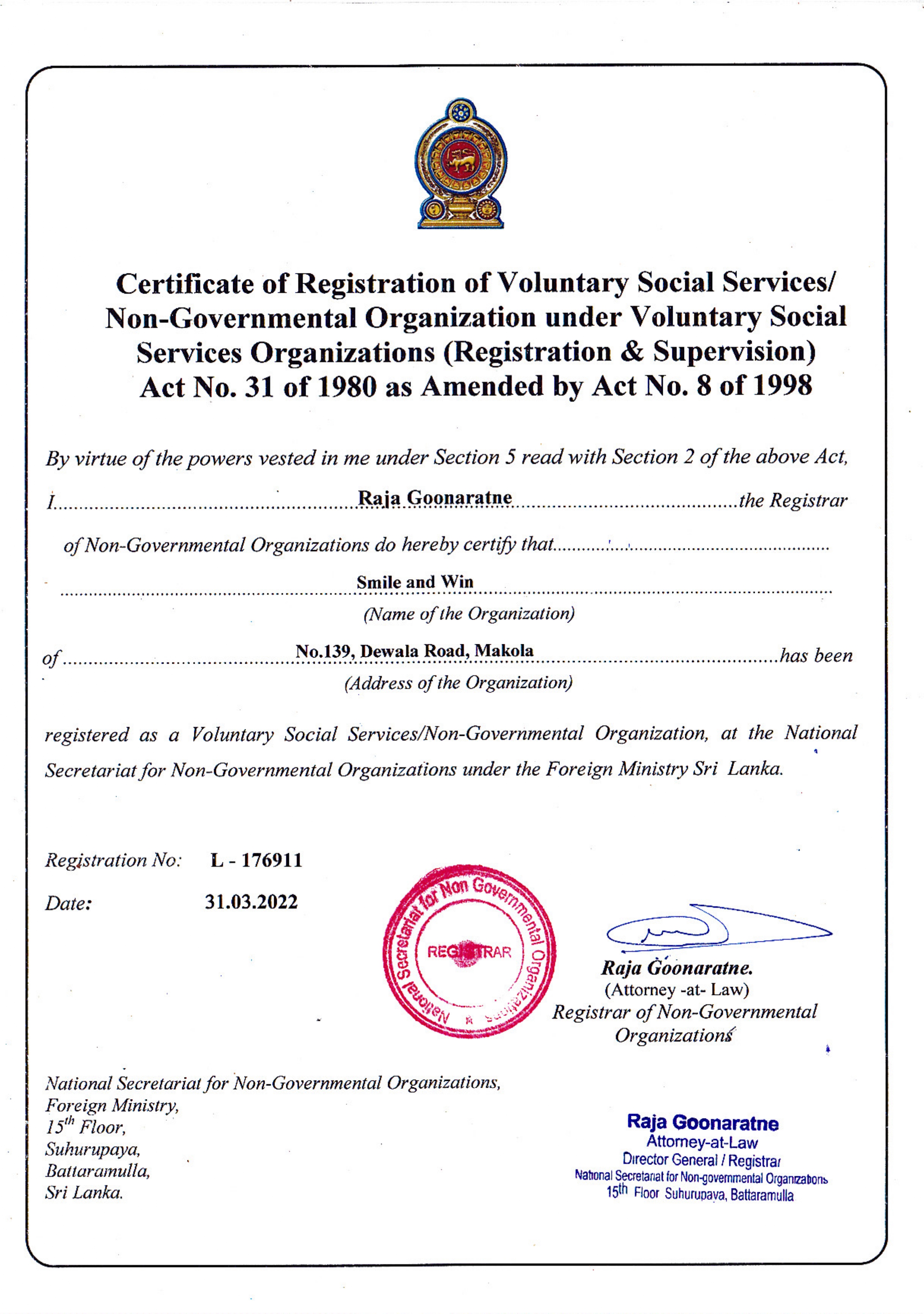 Official Registration Certificate of Smile and Win as NGO under Sri Lankan law